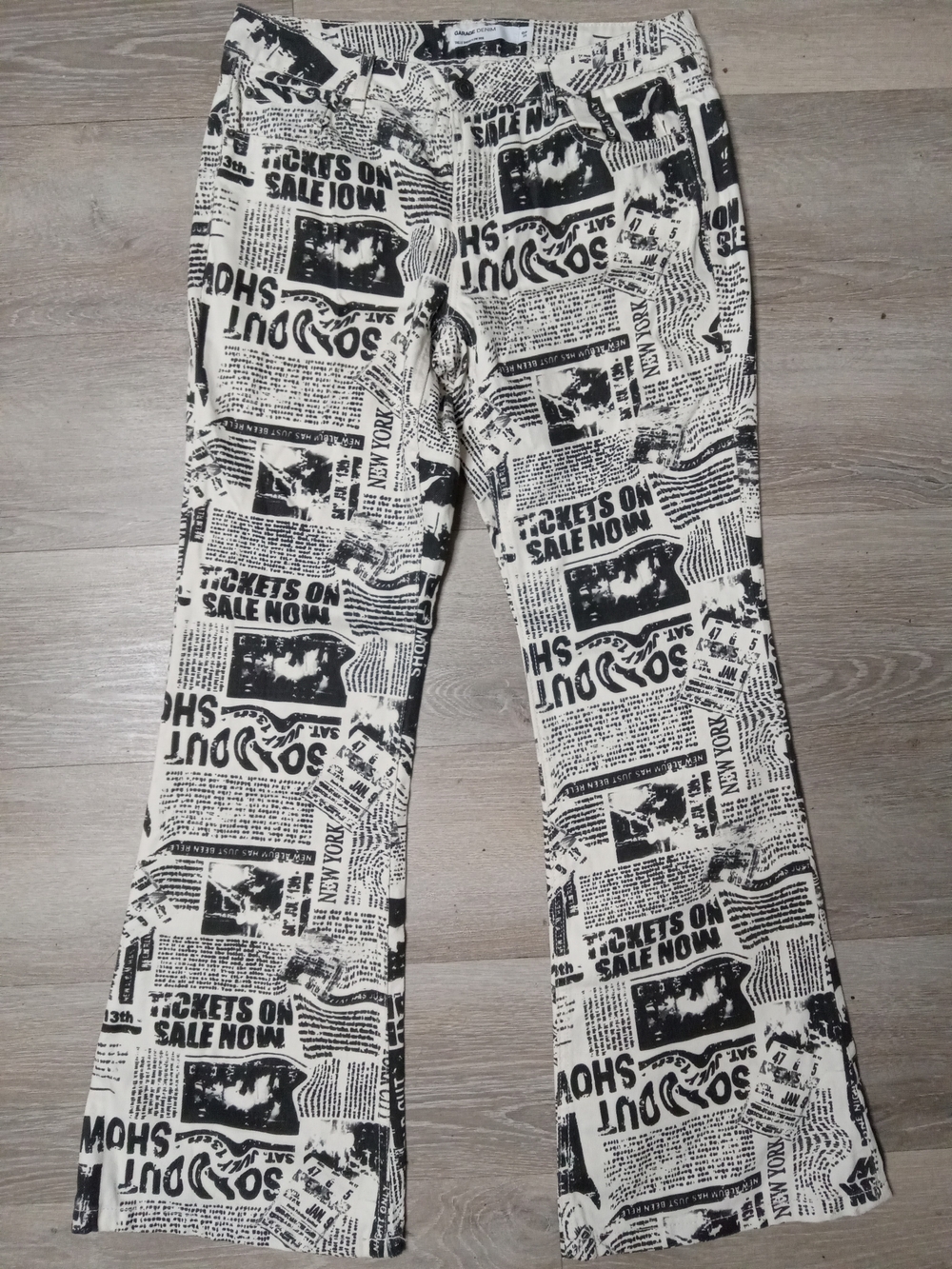 Garage Denim Black & White Newspaper Print Flared Jeans